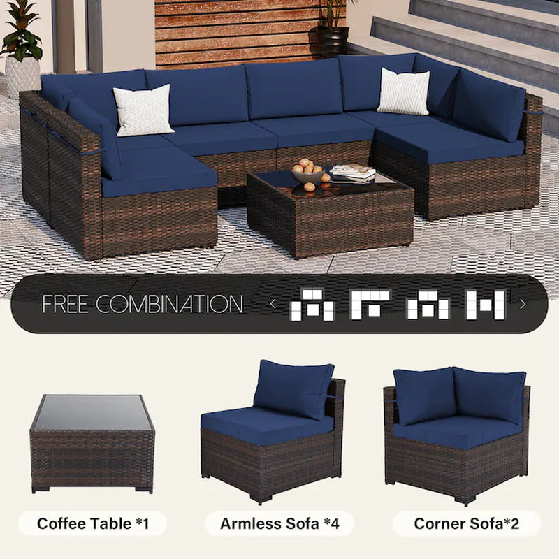 7 -Piece Rattan Patio Conversation Set with Blue Cushions