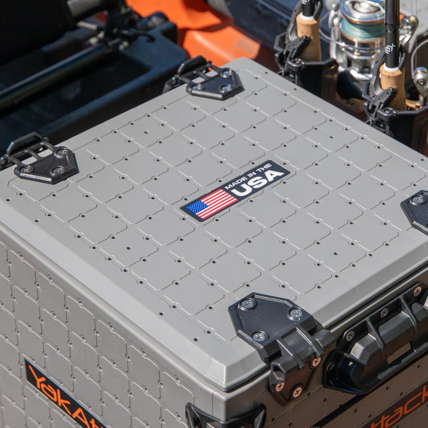 Blackpak Pro 13" X 13" Fishing Crate with 3 Rod Holders - Battleship Grey | Compact Tackle Storage Box & Gear Organizer for Kayaks | Lightweight, Durable & Customizable Marine Accessory