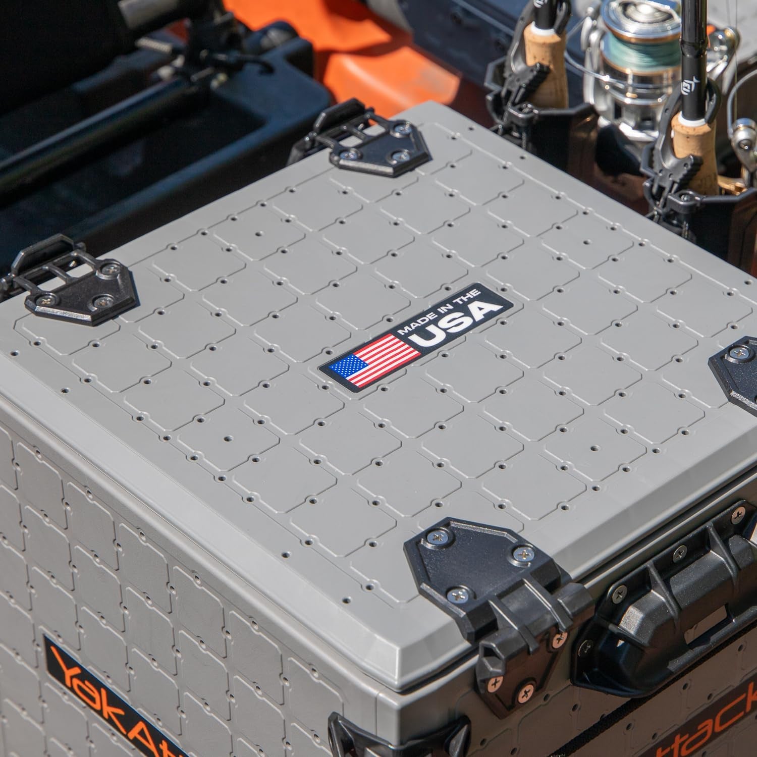 Blackpak Pro 13" X 13" Fishing Crate with 3 Rod Holders - Battleship Grey | Compact Tackle Storage Box & Gear Organizer for Kayaks | Lightweight, Durable & Customizable Marine Accessory