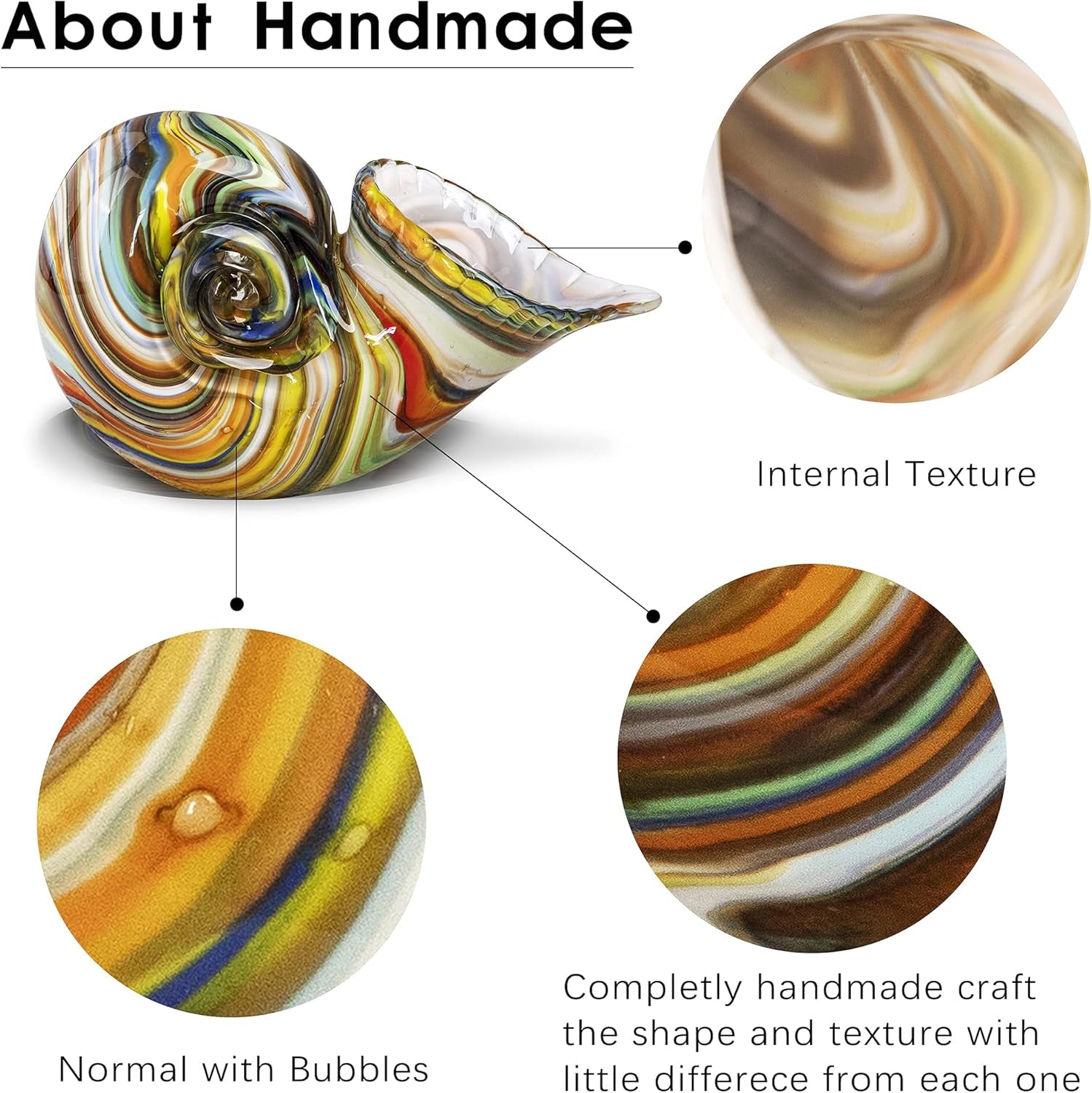 7.7" Glass Nautilus Conch Figurines, Hand Blown Seashell Art, Multicolor Glass Sculpture Beautiful Home Decor, Crystal Paperweight